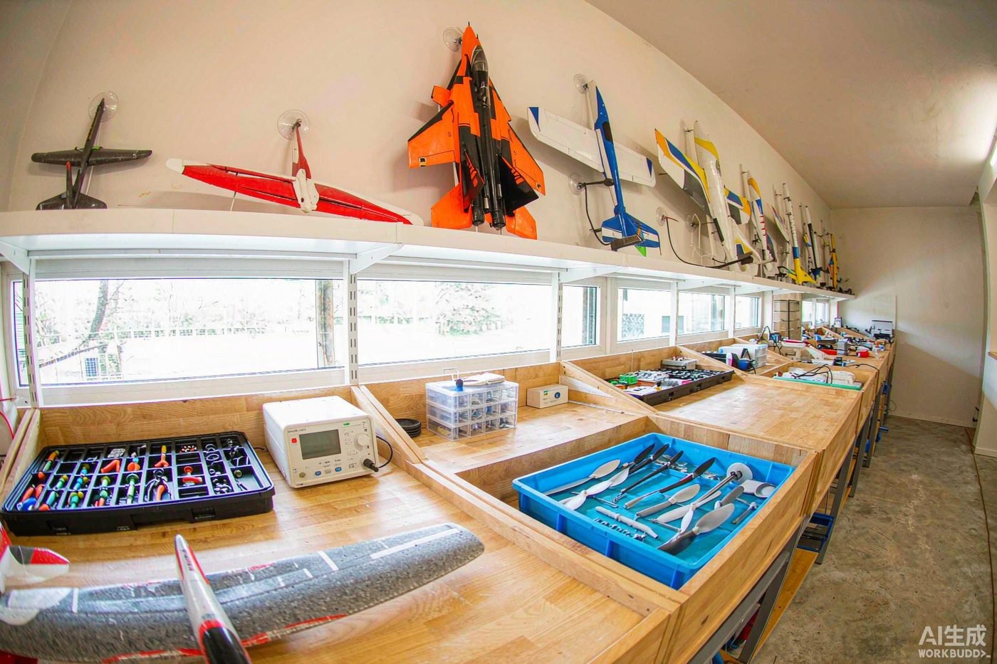 Organised RC hobby workshop with workbench, model aircraft and tools