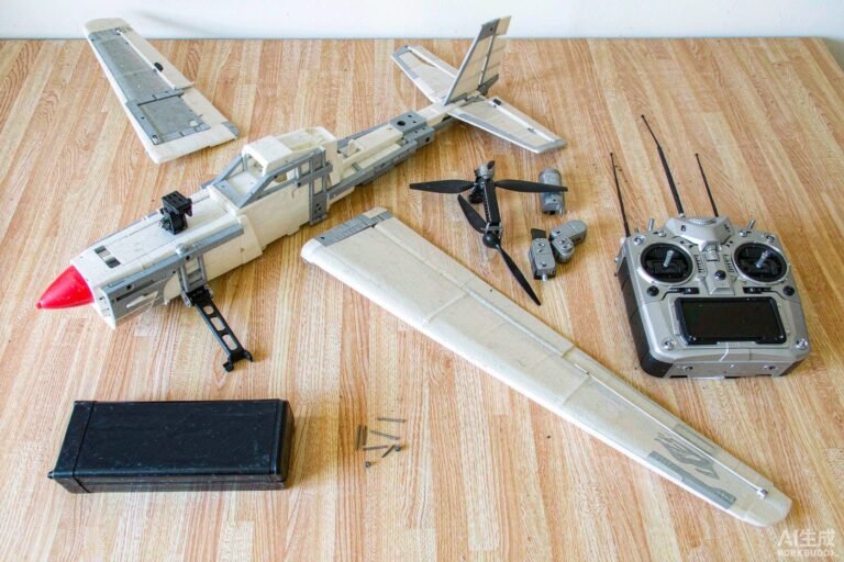 Flat lay of a complete RC aircraft kit with fuselage, wings, motor and electronics