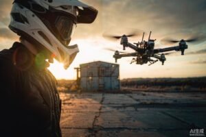 FPV pilot wearing goggles next to a flying racing drone