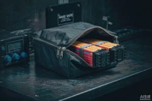 LiPo battery packs charging inside a fireproof bag with a digital charger