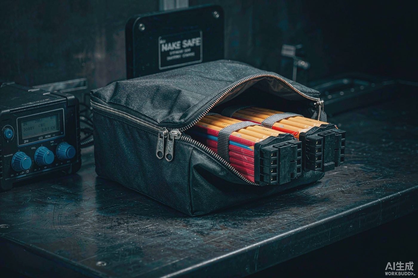 LiPo battery packs charging inside a fireproof bag with a digital charger