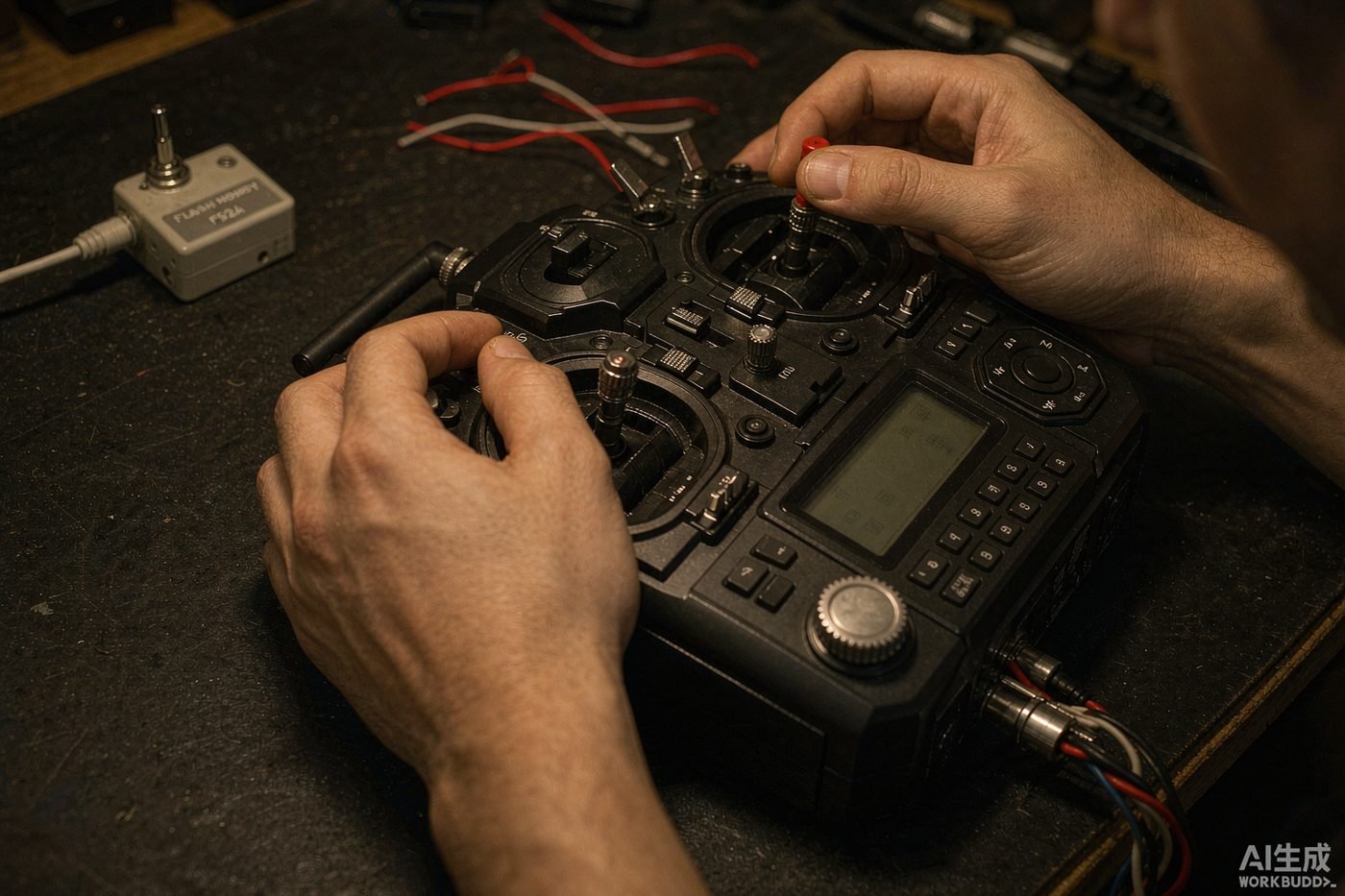 Hands adjusting the control sticks of an RC radio transmitter on a workbench