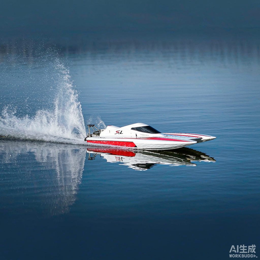 Radio control racing powerboat speeding across a lake with water spray