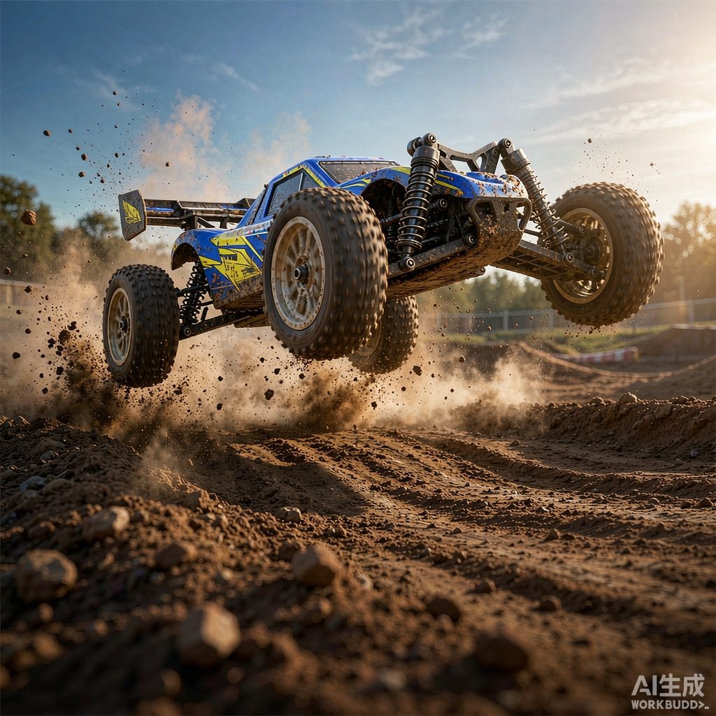 Radio control off-road buggy jumping and kicking up dirt on a track