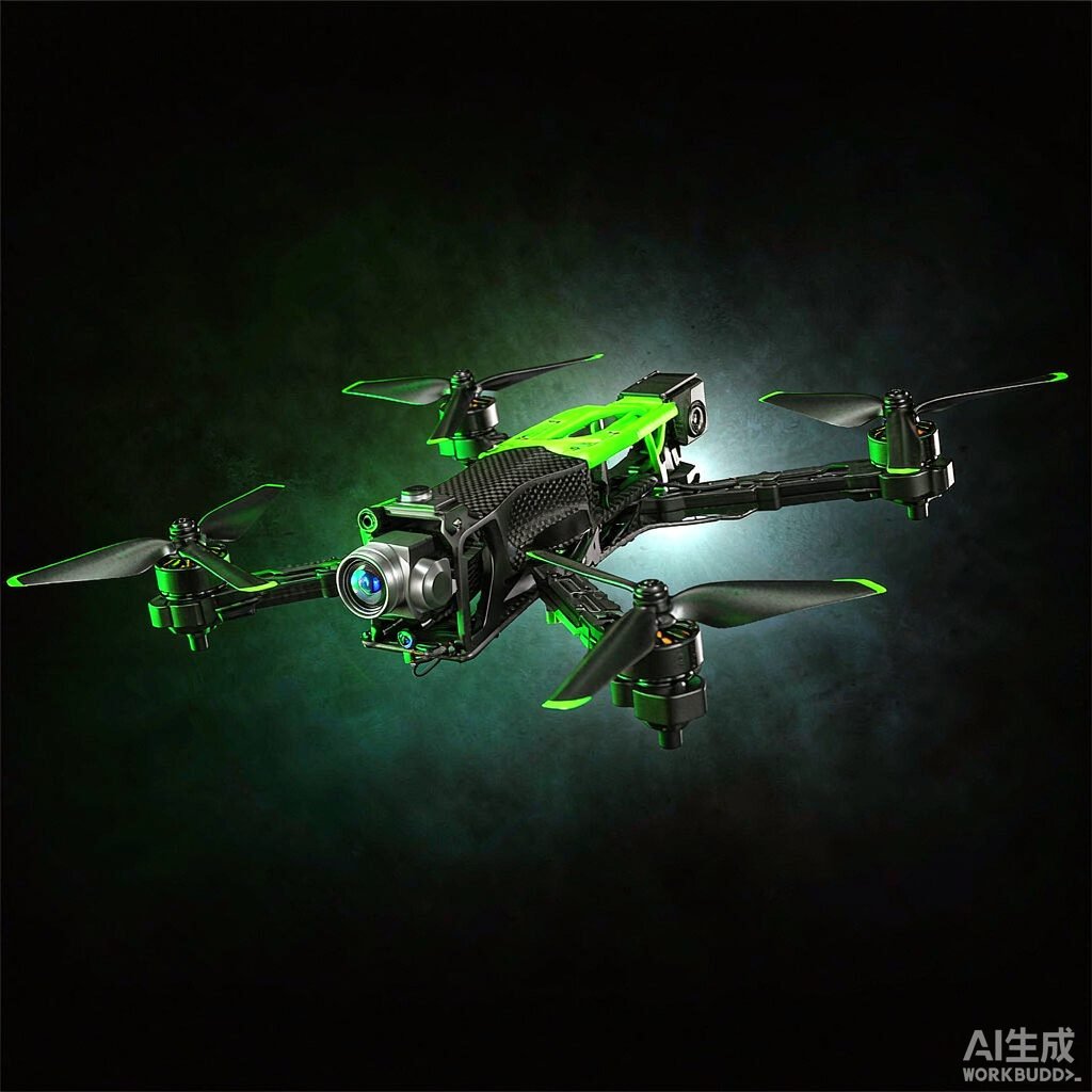 Black and neon green FPV racing quadcopter hovering in mid-air