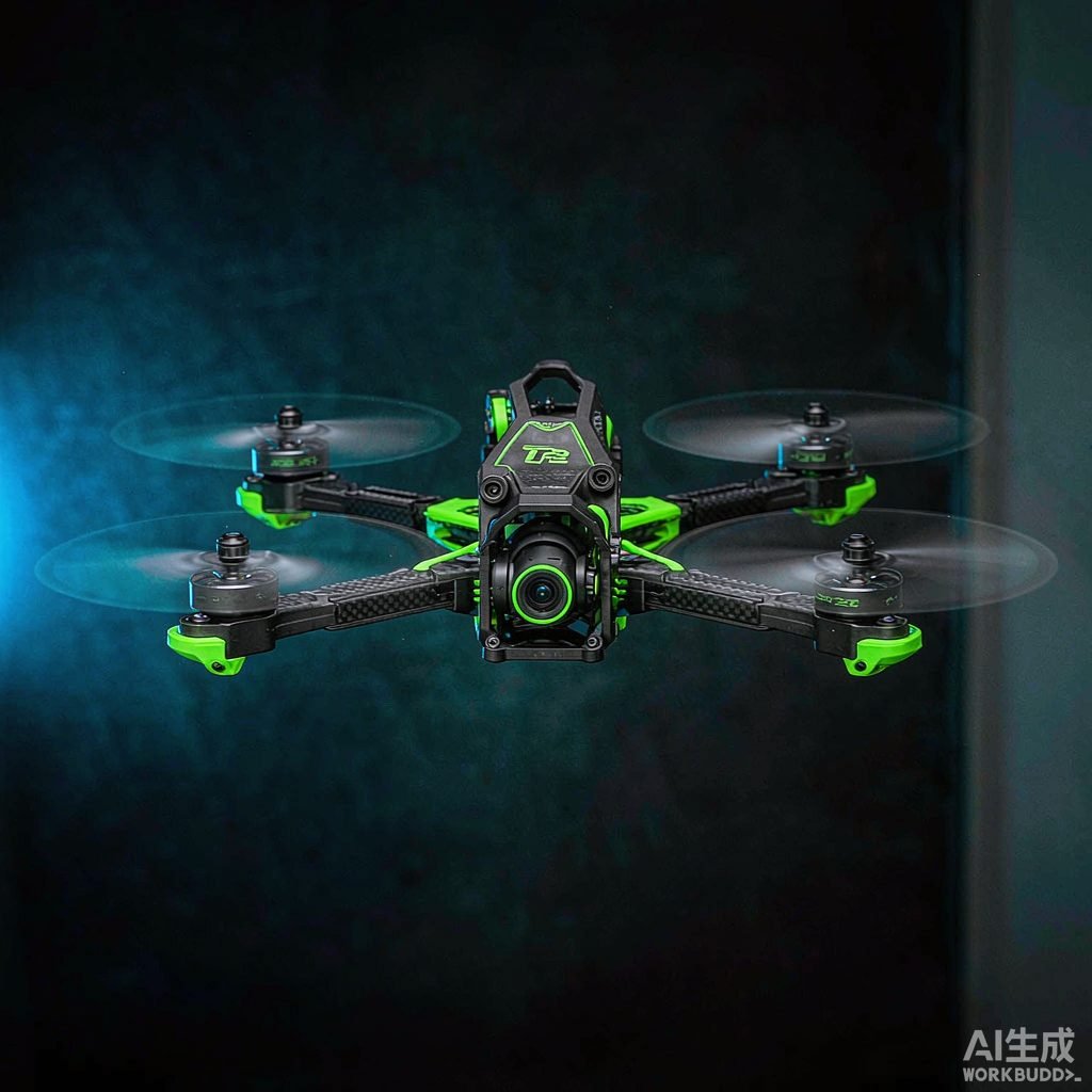 Radio control helicopter hovering above a grassy field with rotor blur