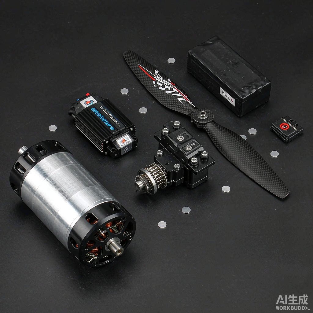 Flat lay of RC brushless motor, ESC, servo, propeller and LiPo battery