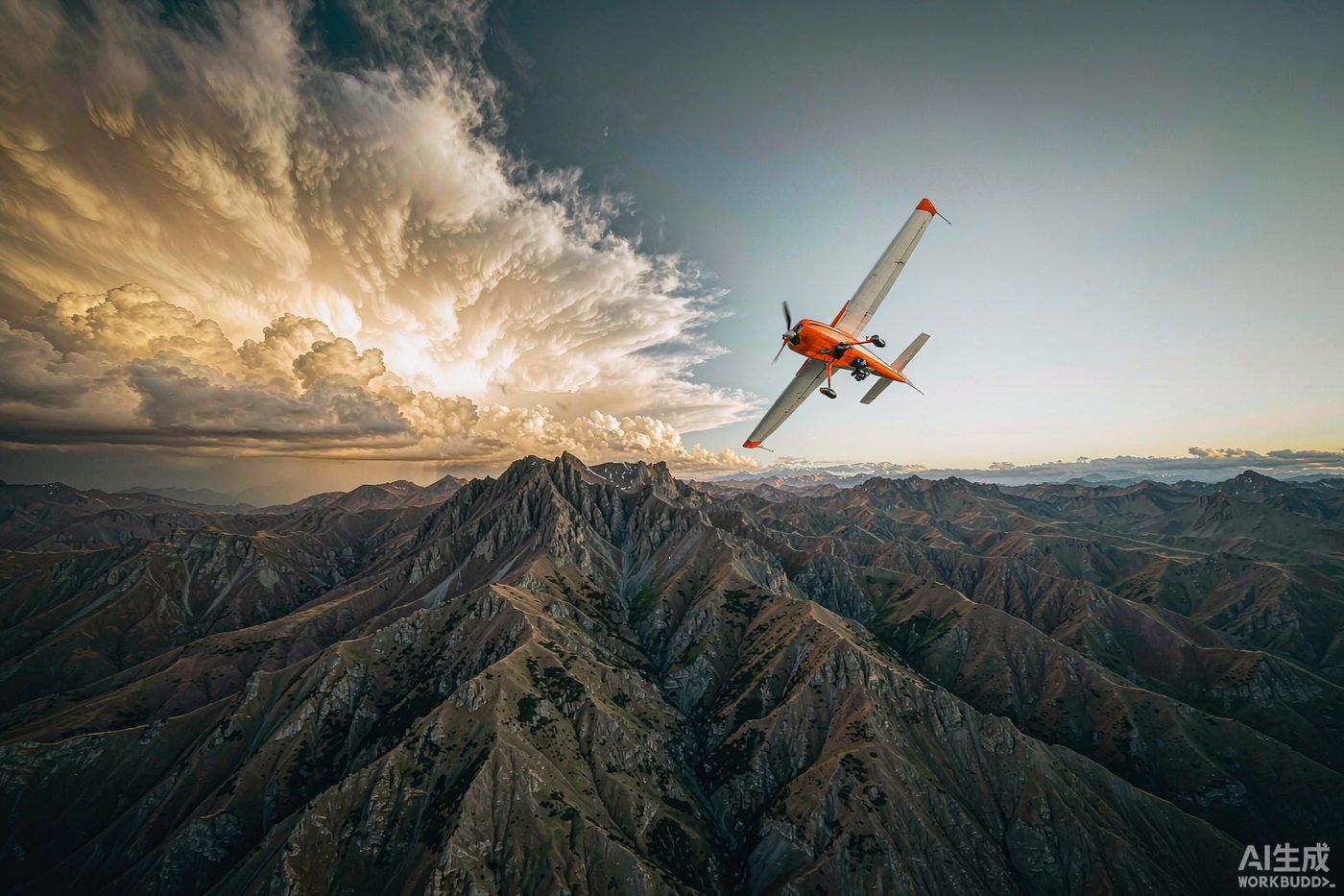 RC aerobatic airplane banking over a mountain ridge at golden hour