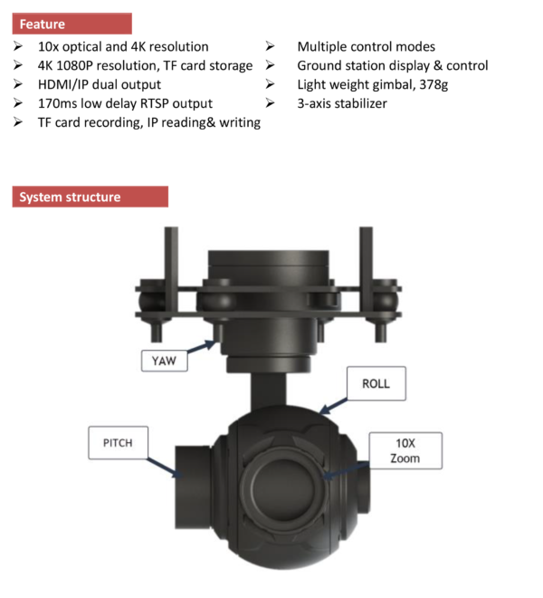 Topotek KHP10S4K 4K 10X Optical zoom 3-Axis Gimbal, IP/HDMI output