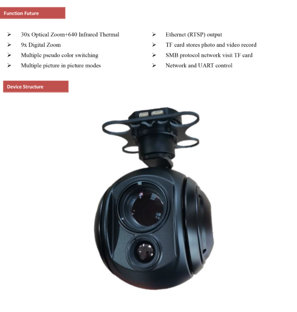 Topotek KIP30G613 30x Optical Zoom Camera + Dual light 3-Axis Gimbal, Ethernet (RTSP) Output