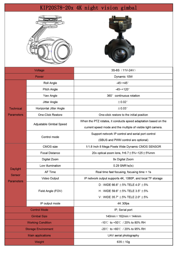 Topotek KIP20S78 20x Optical Zoom+3-Axis Stabilized 4K Night Vision Gimbal Camera, IP Output