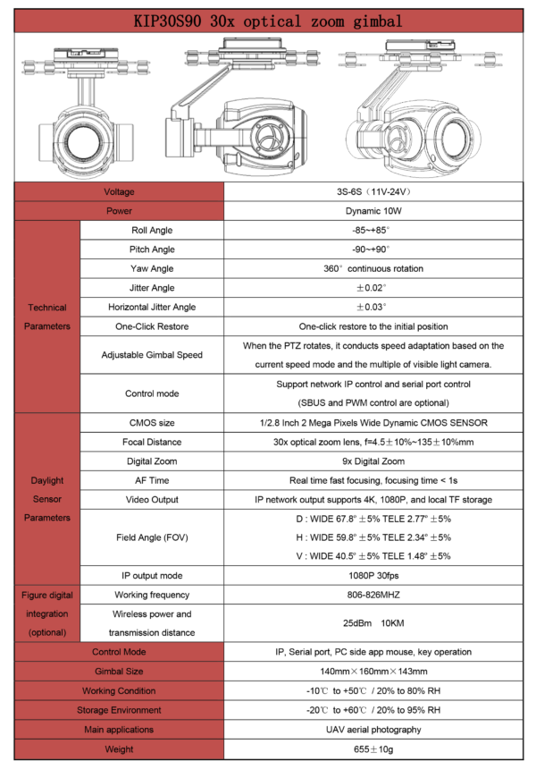 Topotek KIP30S90 30x Optical Zoom + 3-Axis Stabilized Gimbal Camera IP Output