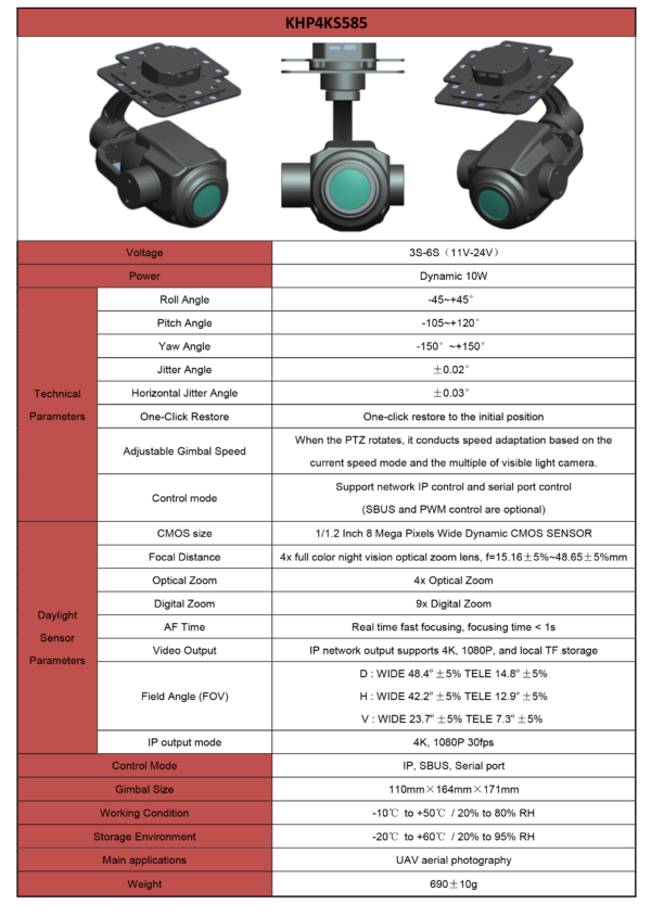 Topotek KHP4KS585 4K Resolution 4x Optical Zoom 3-Axis Stabilized Gimbal IP/HDMI output