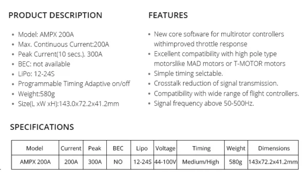 MAD RC AMPX 200A 12-24S ESC (A pair) for Commercial Drone