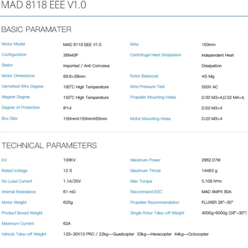 H82479101922b4220bd321b35a519f397l-2.webp MAD 8118 EEE 100KV 14.5kg Thrust Motor for UAV Drone (A pair)