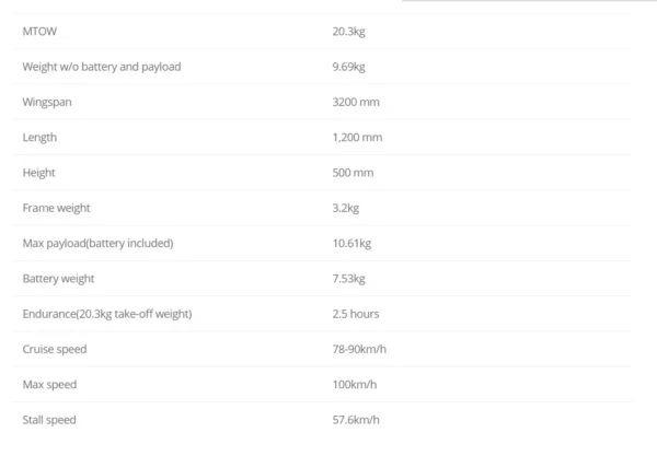 VTOL Flight EP 3200mm UAV/Drone 23kg MTOW 2.5-5 Hour Endurance 5-1Kg Payload Kit/RTFs