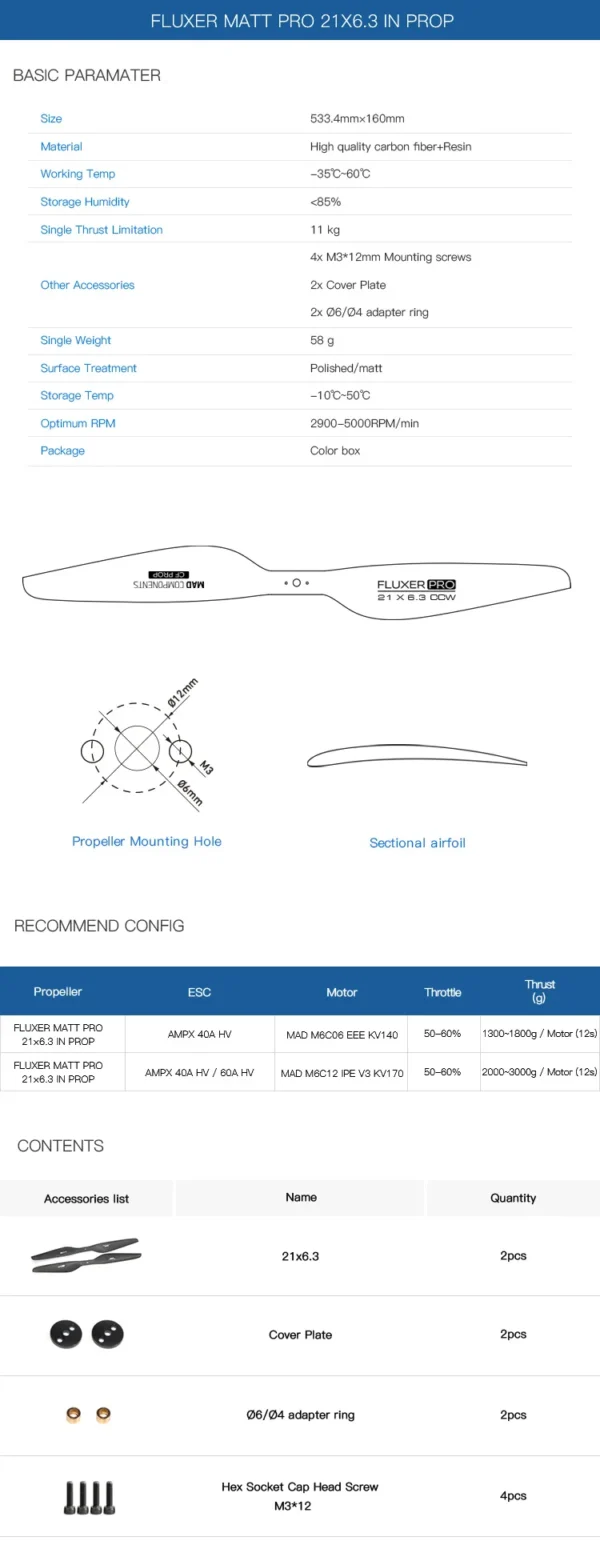 MAD 21X6.3 Pro Fluxer carbon fiber propeller (A pair in CW/CCW)