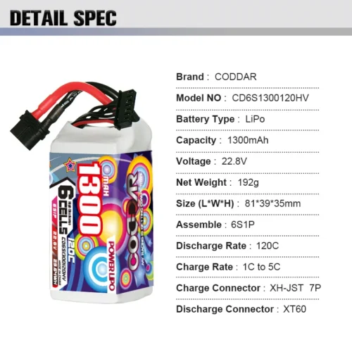 S009c70166dcc4ced996cee86ef9730d5v-1.webp CODDAR 1300mAh 6S1P 22.8V 120C Lipo Battery With XT60 (8 X PACK)
