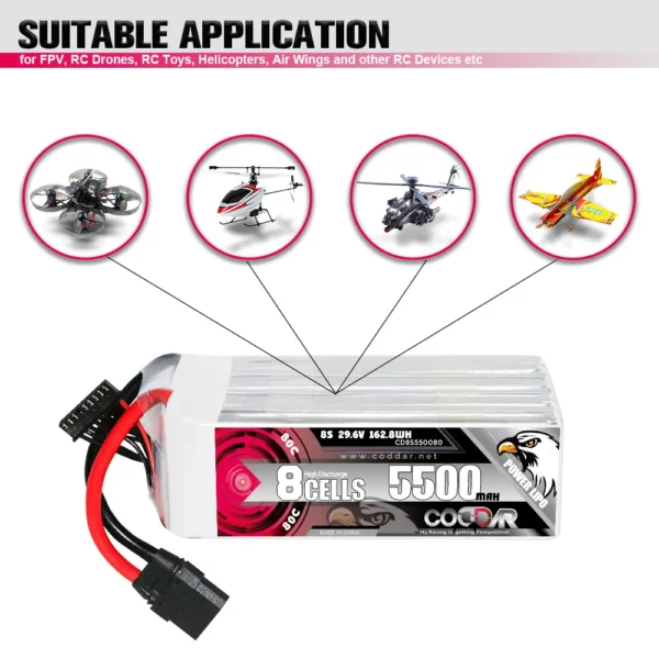 CODDAR 5500mAh 8S 29.6V 80C Lipo Battery With XT90 (2 X PACK)