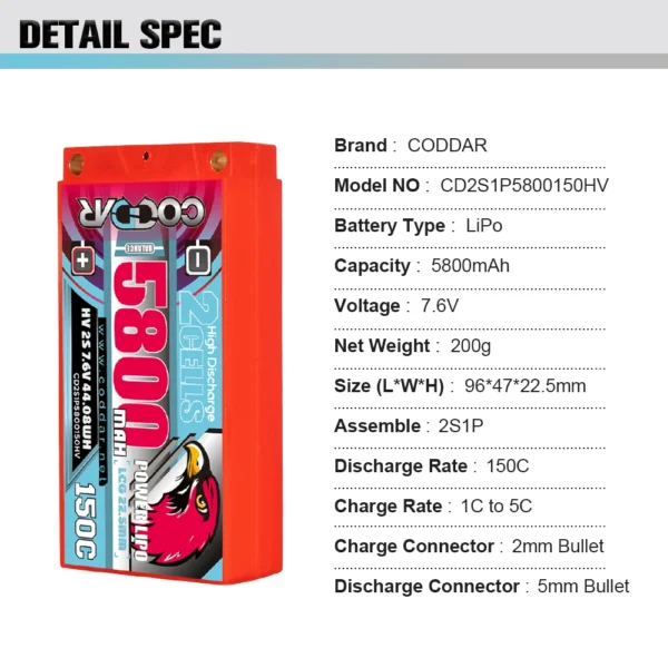 S3cb50e157eb349cfa18352355193e3865-1.webp CODDAR 5800mAh 2S1P 7.6V 150C Lipo Battery With XT60 (8 X PACK)