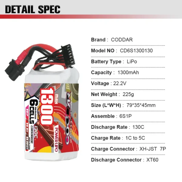 CODDAR 1300mAh 6S1P 22.2V 130C Lipo Battery With XT60 (8 X PACK)