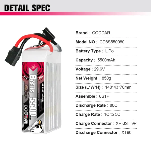 CODDAR 5500mAh 8S 29.6V 80C Lipo Battery With XT90 (2 X PACK)