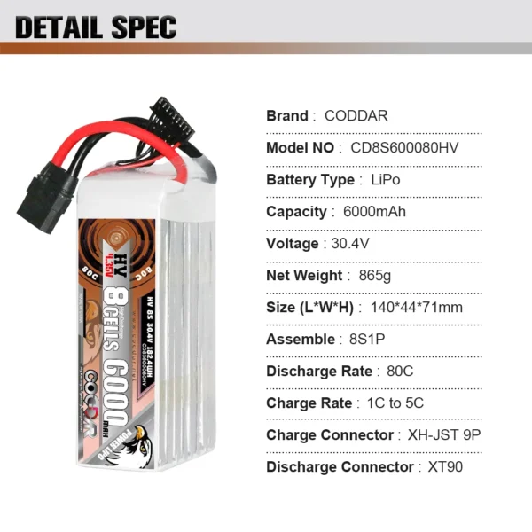 CODDAR 6000mAh 8S 30.4V 80C Lipo Battery With XT90 (2 X PACK)