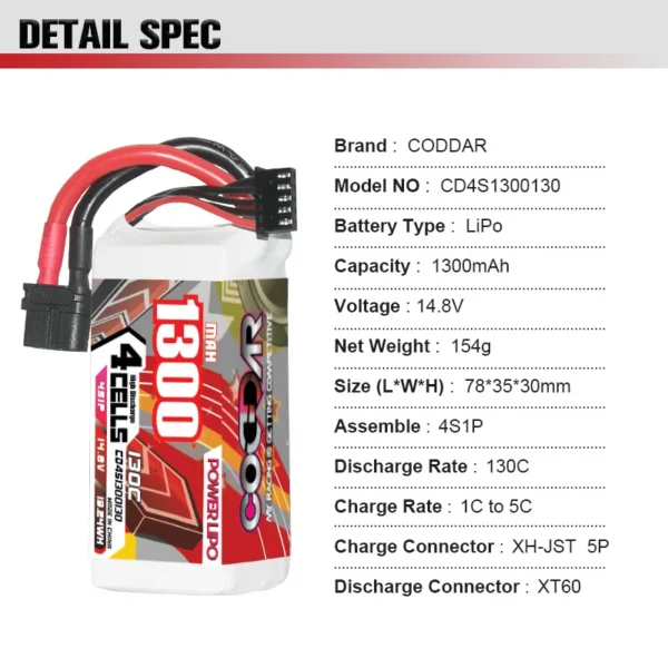 Se423c76f5d134f76aed32f8a3d06b397x-1.webp CODDAR 1300mAh 4S1P 14.8V 130C Lipo Battery With XT60 (10 X PACK)