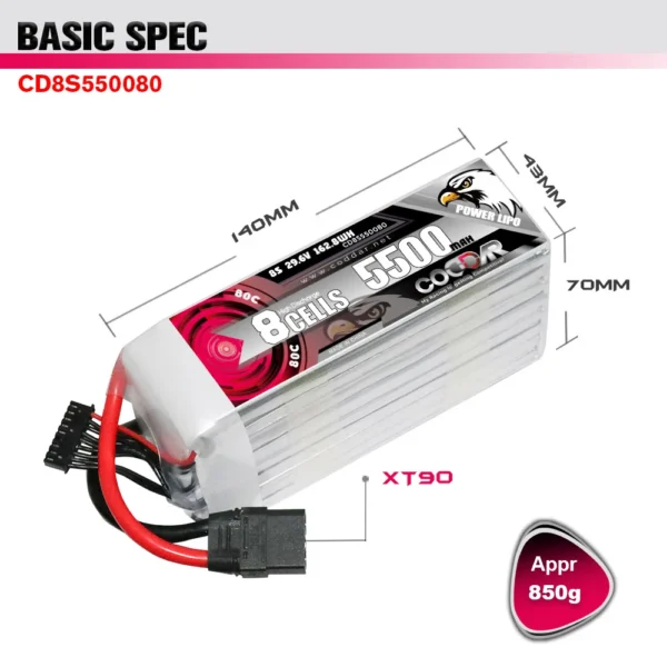 CODDAR 5500mAh 8S 29.6V 80C Lipo Battery With XT90 (2 X PACK)